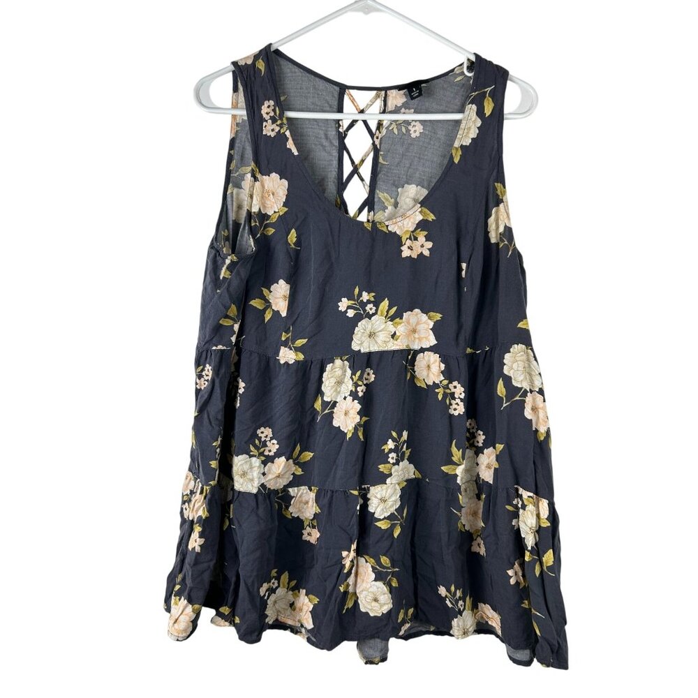 Torrid Black Floral Sleeveless Tiered Tank Top With Back Lace-Up Detail Size 1